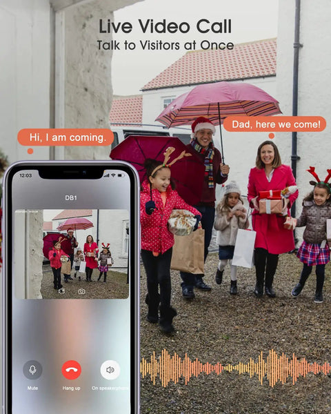 Wireless Doorbell Camera With 2K Video AI Analysis And Rechargeable Battery IP65 Weatherproof showing live video call feature