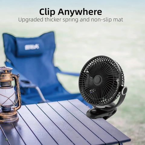 All Day Cool On The Go Clip On Fan With 10000mAh Battery 8 Inch Blade USB Powered Four Speed Settings Strong Airflow Sturdy Clamp