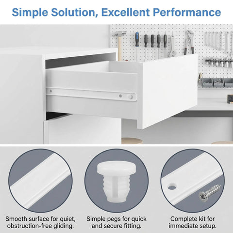 Heavy Duty Drawer Slide Kit With White Plastic And Metal Rails For Dresser Drawers And Baskets, Lightweight Design For Easy Install