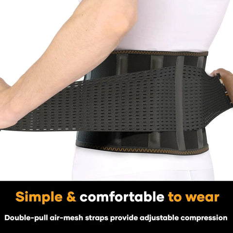 Close-up of Superior Lower Back Support Belt Featuring Ergonomic Lumbar Pad with double-pull air-mesh straps for adjustable comfort.