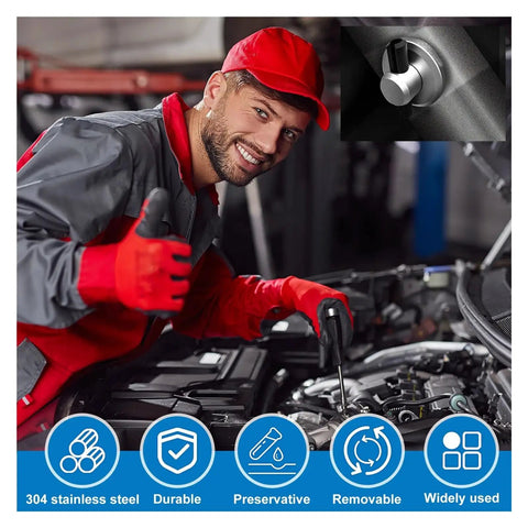 Mechanic smiling next to a car engine, highlighting 420 Piece Cotter Pin Assortment Kit with Split Pins and Fastener Clips for Cars and Tractors