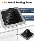 Heavy Duty EPDM Flexible Roof Vent Flashing Boots Kit Zero Hassle Seal For Pipes Quarter To Five Inches, showing metal roofing boot with dimensions and material.