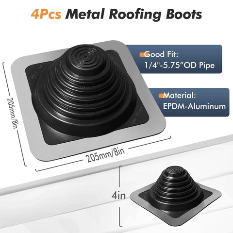 Heavy Duty EPDM Flexible Roof Vent Flashing Boots Kit Zero Hassle Seal For Pipes Quarter To Five Inches, showing metal roofing boot with dimensions and material.