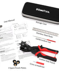 Heavy Duty Leather Hole Punch Set With Rotary Puncher Multi Size Belt Hole Maker Kit Includes Spare Plates And Storage Case Fast Easy Belt Repair For Reusing Belts, shown with accessories and storage case.
