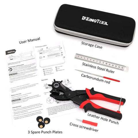 Heavy Duty Leather Hole Punch Set With Rotary Puncher Multi Size Belt Hole Maker Kit Includes Spare Plates And Storage Case Fast Easy Belt Repair For Reusing Belts, shown with accessories and storage case.