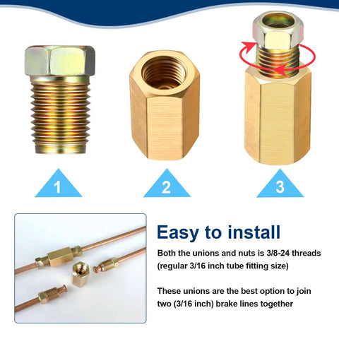 DIY Friendly Garage Grade Brake Line Fittings Kit For Three Sixteenth Inch Tubing With Three Eighths Inch Threads 24 Pieces Including 8 Unions And 16 Nuts Inverted Flare And Double Flare Compatible For Auto Repairs showing brass fittings and connections.