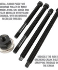 Long Reach Harmonic Balancer And Pulley Installer Kit with extra long forcing fasteners displayed on a white background.