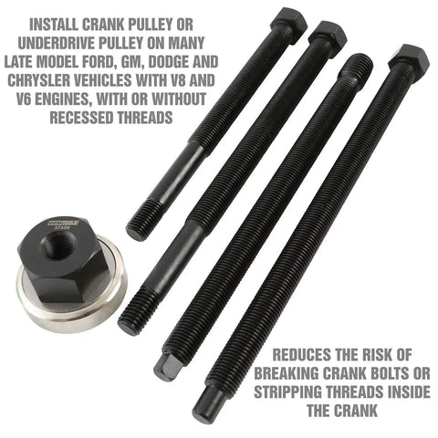 Long Reach Harmonic Balancer And Pulley Installer Kit with extra long forcing fasteners displayed on a white background.