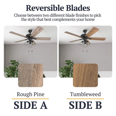 52-Inch Industrial Style LED Ceiling Fan With Light Kit, showing reversible barn wood blades in rough pine and tumbleweed finish