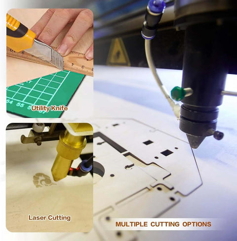 Basswood sheets 12x12 in, 1/8 in thick (3 mm); 36-pack collage shown with utility knife and laser cutting for crafts.