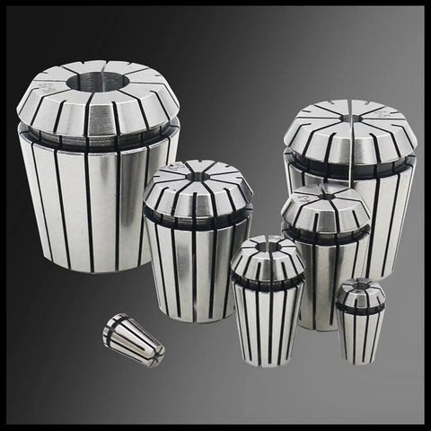 Precision ER11 Collet Chuck Holder For CNC Milling Engraving Machines 1-8mm Range, multiple stainless steel collets displayed.
