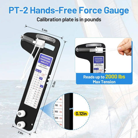 Sailboat Rigging Tension Gauge With Hands Free Clamp On Design For Solo Rigging black PT-2 force gauge with cable scale
