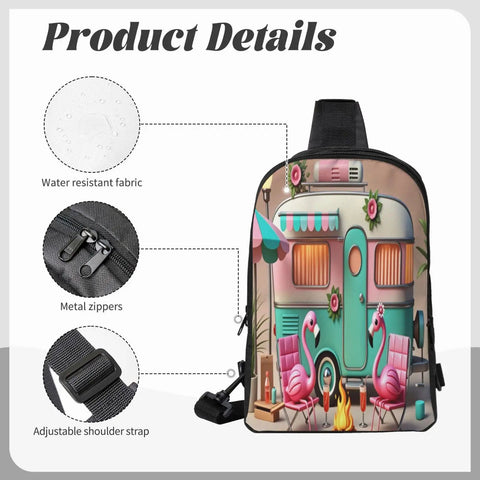 Flame Bird Camping Sling Bag For Men And Women, RV design, water-resistant fabric with metal zippers and adjustable strap.