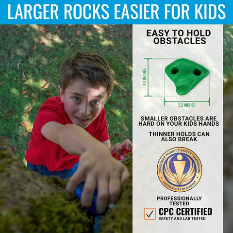 Boy climbing tree using Big Grip Tree Climbing Kit For Kids With 16 Jumbo Holds And 8 Ratchets, CPC Safety Certified.