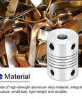 Close-up of Two Pack 4mm To 5mm Aluminum Shaft Coupling Flexible Coupler Beam 25mm Long 19mm OD for 3D printers and CNC machines.