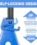 Front view of blue 6-ton automotive jack stand with self-locking ratchet; adjustable 14.6-24 in, steel; pair, Amazon.