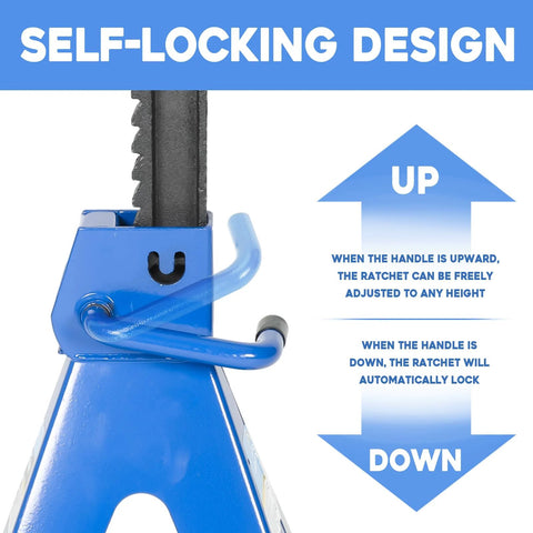 Front view of blue 6-ton automotive jack stand with self-locking ratchet; adjustable 14.6-24 in, steel; pair, Amazon.