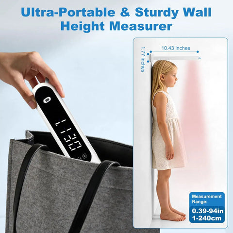 Portable Infrared Height Measurer For Kids And Adults With Quick Three Second Read In Feet And Meters Super Handy Cordless Handheld Wall Mounted Height Gauge Reaches Up To Two Hundred Forty Centimeters, handheld display in bag