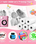 5 Rolls Kids Instant Print Paper Refill For Kids Cameras, Thermal Paper 55x25mm, 180 Sheets With Cute Stickers, Scratch Resistant And BPA Free, Fits Most Instant Print Cameras For Kids, Easy Load And Long Lasting Fun. pink kids instant print camera with 5 thermal paper rolls