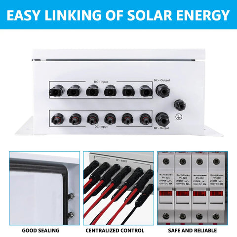Heavy Duty 6 String Solar Combiner Box With Stout Metal Enclosure, 20A Fuse Protection, Surge Guard, And 63A Breaker for PV Arrays