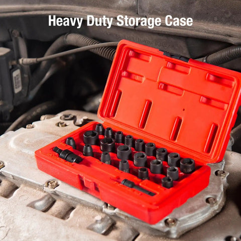 Magnetic Impact Socket Set For One Quarter Inch Drive And Metric 23 Piece Chrome Moly Steel With Radius Corner Design And Chamfered Openings For High Torque Fasteners And A Solid Easy Grip