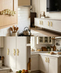 Two Pack Golden Welcoming Pine Cabinet Handles For Vintage Dressers And Drawers, shown on kitchen cabinets and sideboard