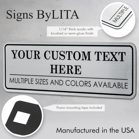 Custom Plastic Wall And Door Sign Personalized Text for Home Office Business with mounting tape, displays sample text on acrylic