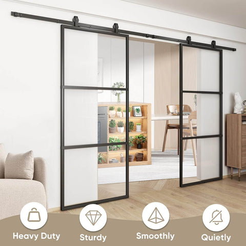 Double Barn Door Set 72 By 84 Inches With 12 Ft Hardware Kit And Soft Close Clear Tempered Glass Panels 36x84 In Each