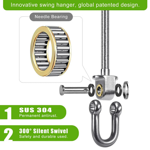 Rock Solid Heavy Duty Swing Hanger Kit With Ball Bearings For Porch And Patio Gliders showing precision needle bearing and SUS 304 components.