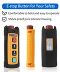 Compact Wireless Industrial Electric Chain Hoist Crane Remote Control Transmitter And Receiver For Mini Overhead Lifting Systems With 2 Channel Operations Ergonomic Grip Design Featuring Robust Durability And Smooth Radio Connectivity For Easy Heavy Duty showing a sturdy E-stop remote control with silicone housing.