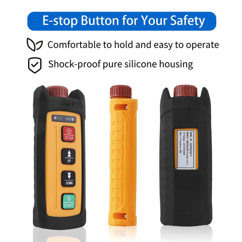 Compact Wireless Industrial Electric Chain Hoist Crane Remote Control Transmitter And Receiver For Mini Overhead Lifting Systems With 2 Channel Operations Ergonomic Grip Design Featuring Robust Durability And Smooth Radio Connectivity For Easy Heavy Duty showing a sturdy E-stop remote control with silicone housing.
