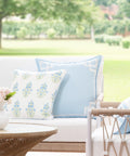 Coastal Throw Pillow Cover 18x18 Inches Water Repellent Indoor Outdoor Cushion Cover In Baby Blue Green Floral With Piping on patio sofa