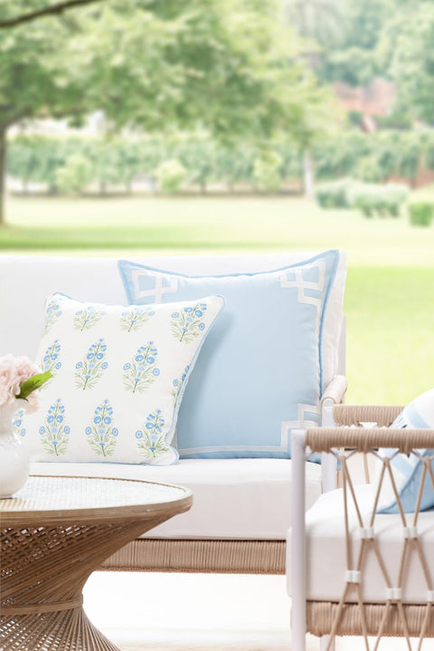 Coastal Throw Pillow Cover 18x18 Inches Water Repellent Indoor Outdoor Cushion Cover In Baby Blue Green Floral With Piping on patio sofa