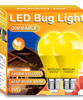 2 Pack Amber Yellow LED Bug Light Bulbs 9W Equivalent To 100W E26 Base Outdoor Porch Patio Lighting Packaging