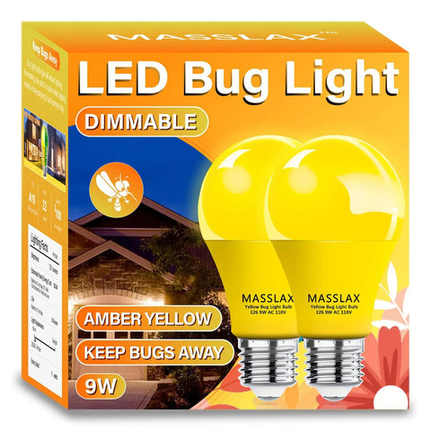 2 Pack Amber Yellow LED Bug Light Bulbs 9W Equivalent To 100W E26 Base Outdoor Porch Patio Lighting Packaging