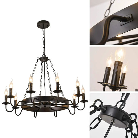 Black Industrial Wagon Wheel Chandelier Pendant Light For Kitchen Rustic Farmhouse Round Candle Style 10 Lights E12 Base