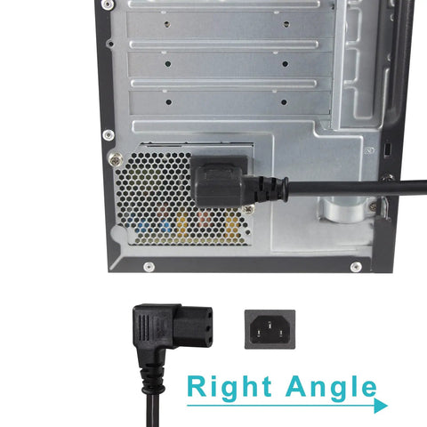 90 Degree Right Angle 1ft Power Cord NEMA 5-15P To IEC C13 Flat Plug 16AWG Angled AC Cable connected to device back panel