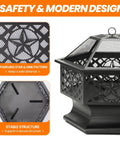 Hexagon 28 Inch Wood Burning Fire Pit with Spark Screen and Poker featuring a star pattern design and stable structure