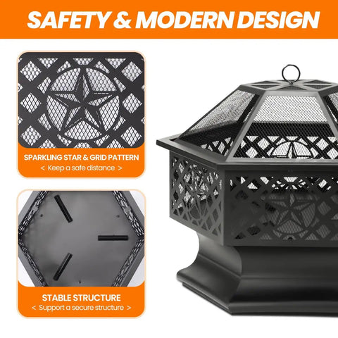 Hexagon 28 Inch Wood Burning Fire Pit with Spark Screen and Poker featuring a star pattern design and stable structure