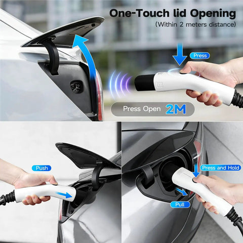 Portable Level 1 And 2 EV Charger For Tesla Models Y 3 X S Cybertruck demonstrating one-touch lid opening and NACS connector use.