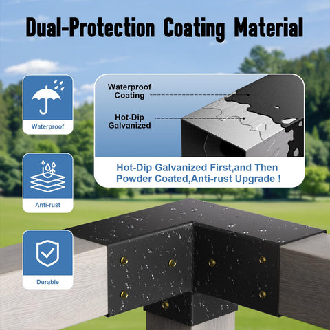 Built Tough 4x4 Pergola Brackets Kit With 3 Way And 4 Way Corner Brackets Rustproof Gazebo Hardware showing dual-protection coating