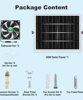 Package contents with 20W solar panel, dual exhaust fans, screws, brackets, and zip-ties for Solar Chicken Coop Fan Kit 2 Pack 20W Solar Powered Ventilation For Greenhouses, Sheds, Dog Houses, Outdoor Enclosures Waterproof Exhaust And Intake Fans For High Airflow Cooling.