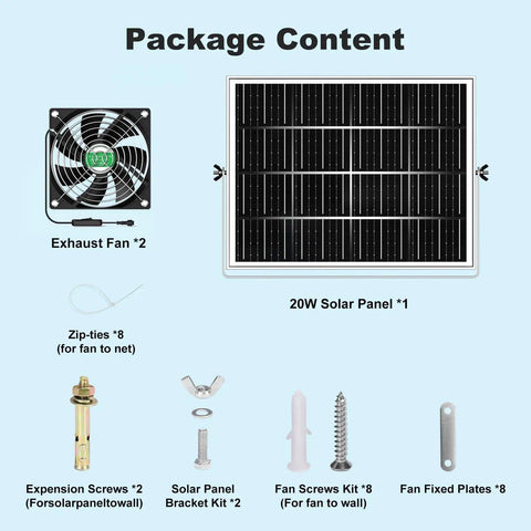 Package contents with 20W solar panel, dual exhaust fans, screws, brackets, and zip-ties for Solar Chicken Coop Fan Kit 2 Pack 20W Solar Powered Ventilation For Greenhouses, Sheds, Dog Houses, Outdoor Enclosures Waterproof Exhaust And Intake Fans For High Airflow Cooling.