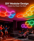 Hexagon RGB LED Lights With Music Sync And App Control for gaming room gym and garage, five grid Gen IV honeycomb panels.