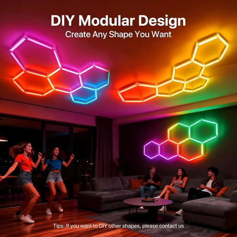 Hexagon RGB LED Lights With Music Sync And App Control for gaming room gym and garage, five grid Gen IV honeycomb panels.