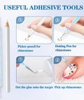 Clear B7000 Glue Kit With Precision Tip 110Ml All In One Multipurpose Adhesive For Rhinestones Crafts Fabric Shoes Jewelry Making showing adhesive tools including picker pencil and dotting pen for nail art and rhinestone application.