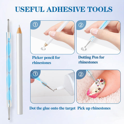 Clear B7000 Glue Kit With Precision Tip 110Ml All In One Multipurpose Adhesive For Rhinestones Crafts Fabric Shoes Jewelry Making showing adhesive tools including picker pencil and dotting pen for nail art and rhinestone application.