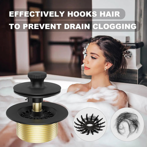 Matte Black Bathtub Drain And Overflow Kit With Hair Catcher Stopper Clog Proof Build For Modern Bath showing hair filter in use.