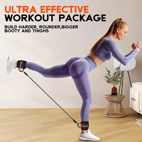 Woman exercising with Ankle Resistance Bands With Cuffs For Leg And Glute Workouts Adjustable 10 20 30 Lb Tension Ankle Straps