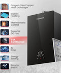 Natural Gas Tankless Water Heater Delivering Whole House Flow Up To 7.6 GPM At 199000 BTU with features shown on display.